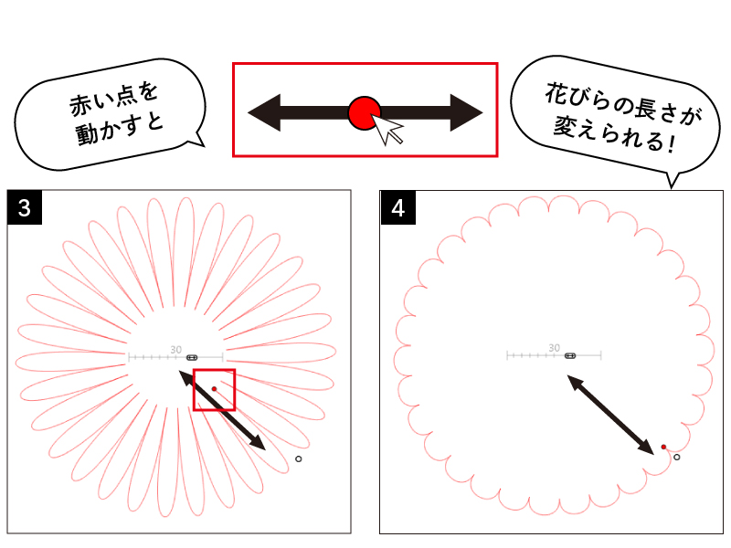 赤い点を動かすと花びらの長さが変えられる!