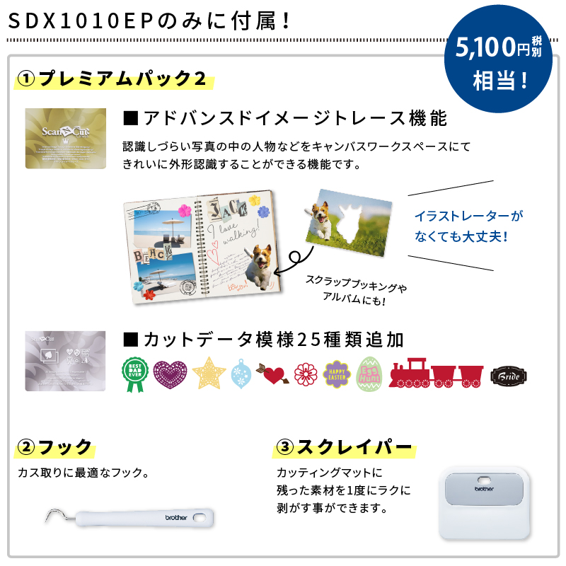 SDX1010EPのみに付属!1.プレミアムパック2:アドバンスドイメージトレース機能、カットデータも湯25種類追加。 2.フック:カス取りに最適なフック。 3.スクレイパー:カッティングマットに残った素材を一度にラクに剥がすことが出来ます。